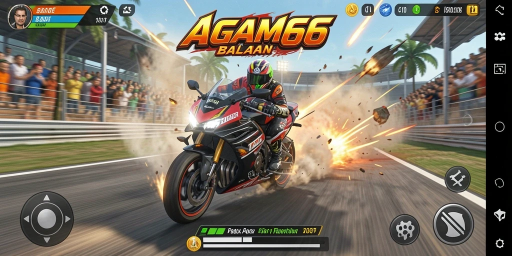Tampilan gameplay seru di AGAM66 dengan aksi balapan motor cepat.