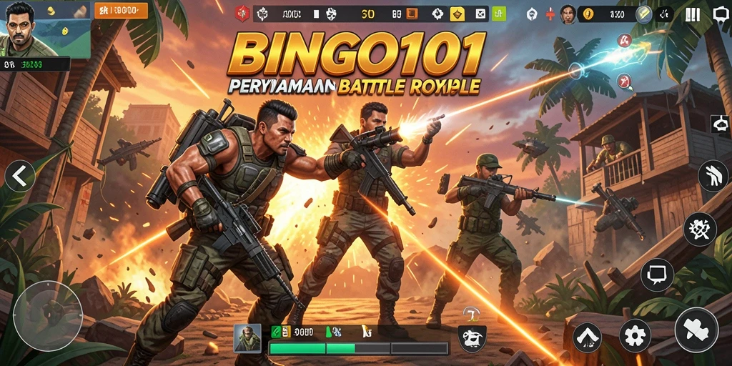 Tangkapan layar BINGO101 menampilkan aksi pertempuran mendebarkan di medan perang.