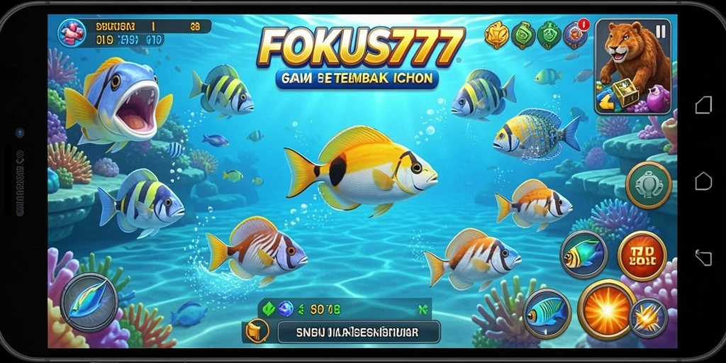 Tampilan gameplay FOKUS777 dengan aksi menembak ikan yang seru.