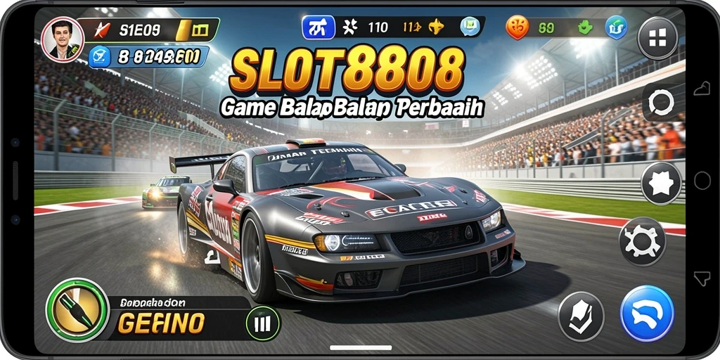 Screenshot gameplay SLOT8808 menampilkan balapan mendebarkan di lintasan berliku.