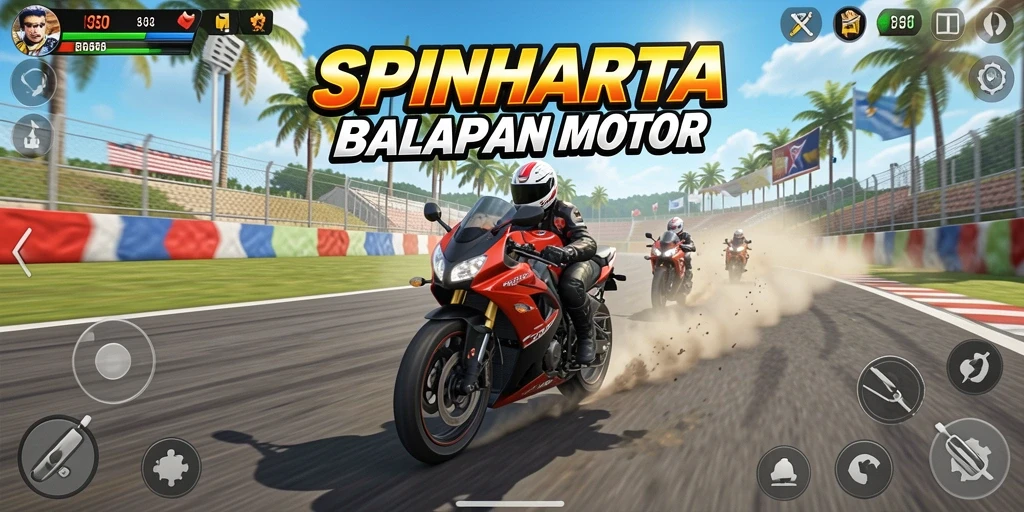 Gameplay SPINHARTA yang intens dan mendebarkan dalam balapan motor.