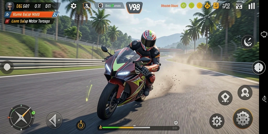 Gameplay seru V98 menampilkan balapan motor yang mendebarkan.