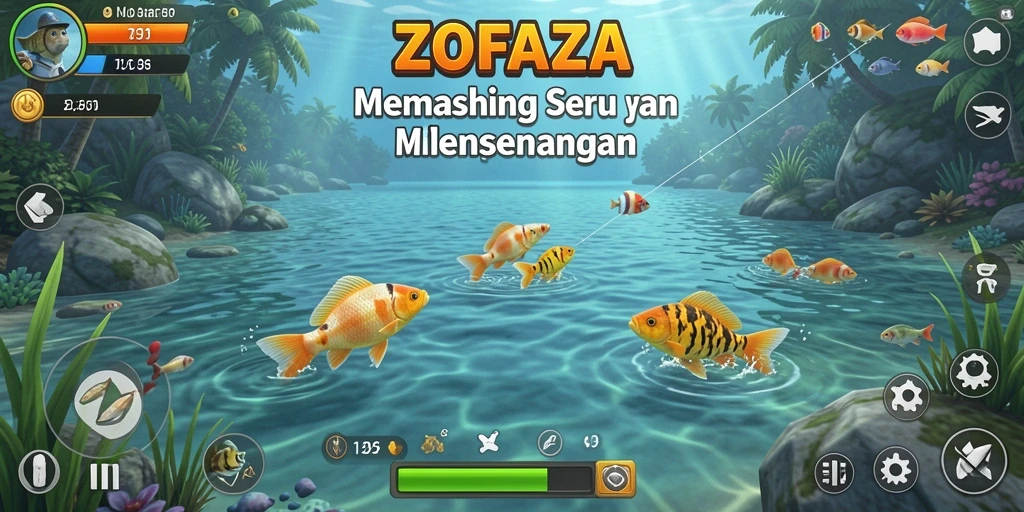 Tampilan gameplay ZOFAZA yang menampilkan aksi memancing seru.